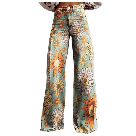 VNKIDY Womens Boho Print High Waist Wide Leg Jeans Colorful Floral Patchwork Loose Fit Retro Denim Pants For Casual Daily Streetwear Wear Green M