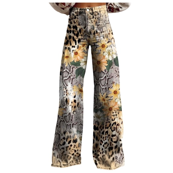 VNKIDY Womens Boho Print High Waist Wide Leg Jeans Colorful Floral Patchwork Loose Fit Retro Denim Pants For Casual Daily Streetwear Wear Grey XXXL