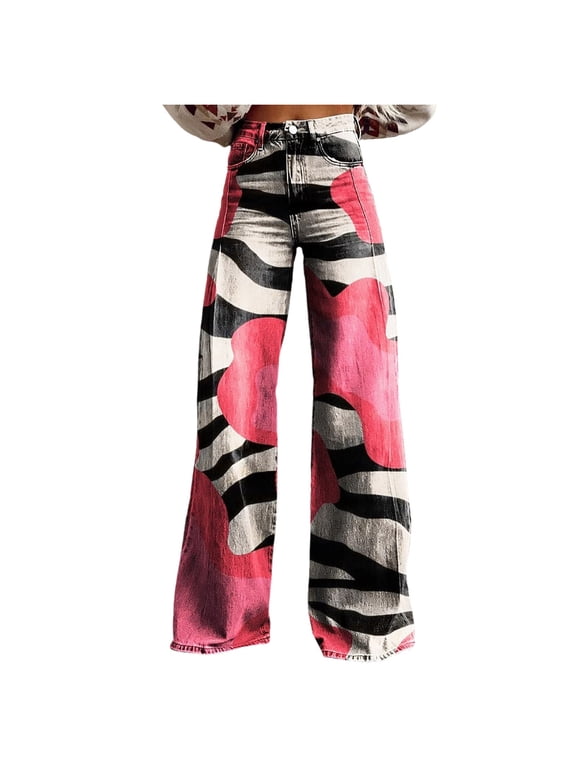Womens Boho Print High Waist Wide Leg Jeans Colorful Floral Patchwork Loose Fit Retro Denim Pants For Casual Daily Streetwear Wear Pink L