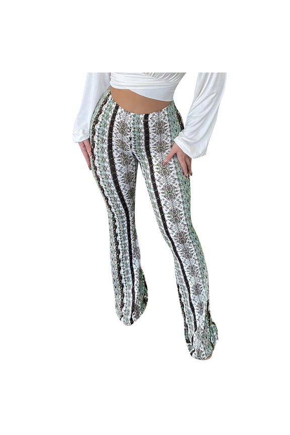 Womens Boho Tribal Print High Waist Flare Pants Slim Fit Retro Bell Bottom Trousers For Casual Daily Wear White M