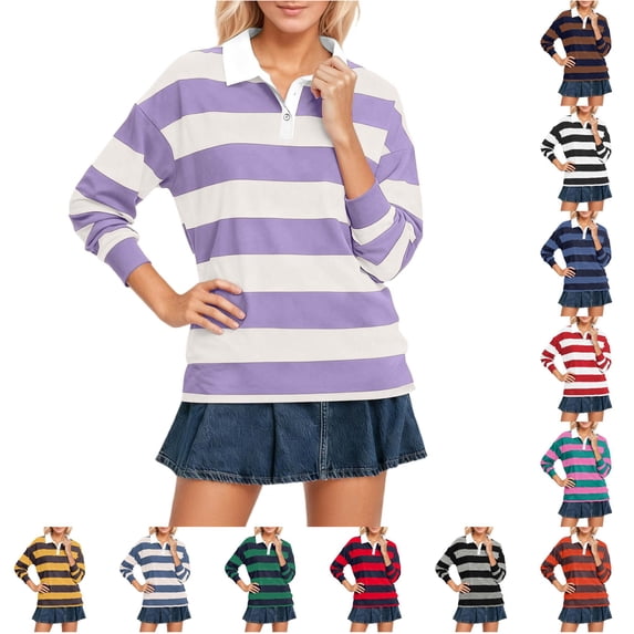 VNKIDY Womens Collared Long Sleeve Striped Polo Shirt With Button Placket Casual Loose Fit For Daily Wear Casual Outings Purple S