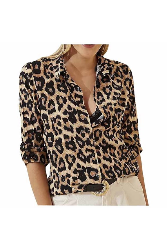Womens Collared Three Quarter Sleeve Leopard Print Button Down Blouse With Roll Tab Sleeves Casual Loose Fit For Daily Wear Office Outings Gold XL