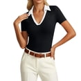 thumbnail image 1 of VNKIDY Womens Contrast Collar Ribbed Knit Short Sleeve V Neck Polo Top For Office Work Daily Casual Wear Summer Outings Stylish Top, 1 of 4