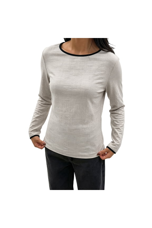 Womens Contrast Trim Round Neck Long Sleeve Slim Fit Knit TShirt For Daily Wear Layering Casual Everyday Outings Beige XL