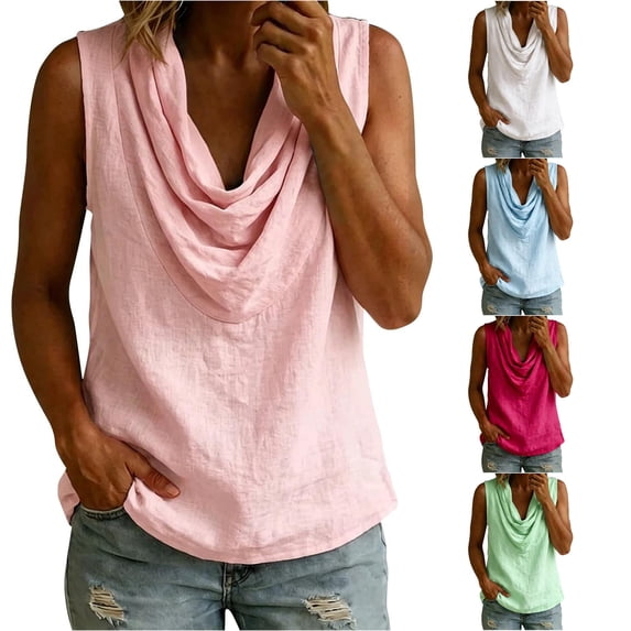 VNKIDY Womens Cowl Neck Sleeveless Solid Color Textured Tank Top Loose Curved Hem Breathable Summer Casual Daily Vest Tops For Ladies Leisure Top XL