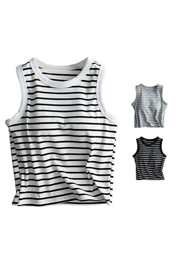 Womens Crew Neck Sleeveless Horizontal Stripes Side Ruched Split Hem Slim Fit Casual Cropped Tank Top For Ladies Daily Shopping Casual Daily Wear M