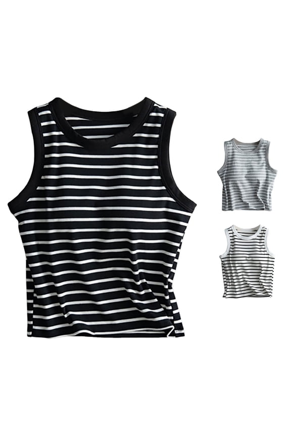 Womens Crew Neck Sleeveless Horizontal Stripes Side Ruched Split Hem Slim Fit Casual Cropped Tank Top For Ladies Daily Shopping Casual Daily Wear S