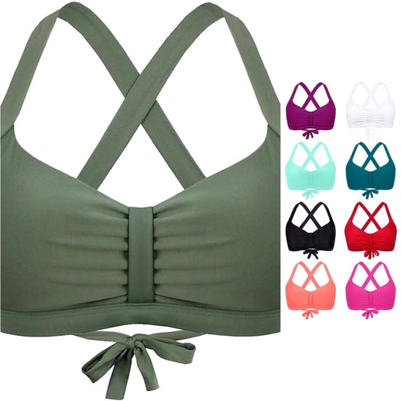 VNKIDY Womens Cross Back Tie Back Front Ruched Solid Color Bikini Top Summer Tropical Beach Regular Fit Quick Dry Swim Bath Tops For Ladies Army Green XL