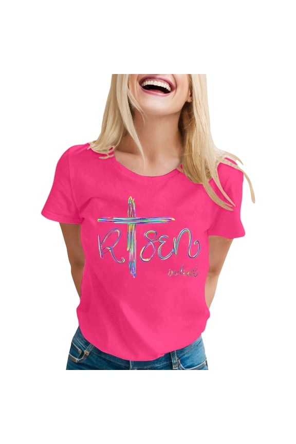 Womens Cross Letter Print TShirts Short Sleeve Crewneck Casual Loose Fit Tees For Easter Daily Wear Pink XXL