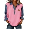 thumbnail image 1 of VNKIDY Womens Denim Patchwork Shirt Long Sleeve Relaxed Fit Collared Button Down Blouse For Daily Wear Pink S, 1 of 7