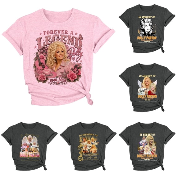 VNKIDY Womens Dolly Shirt Short Sleeve Crew Neck Parton Memorial T Shirts Stylish Country Music Legend Graphic Tees Country Concert Soft Fall Clothes For Women,Size S