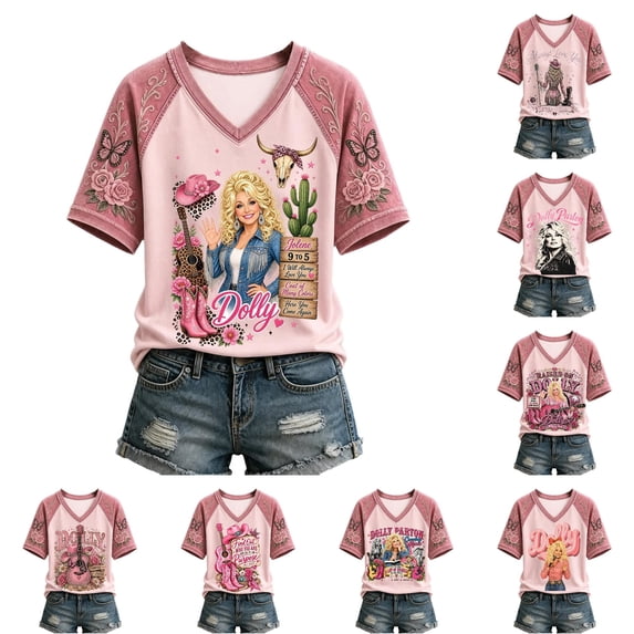 VNKIDY Womens Dolly Shirts Classic Short Sleeve Graphic Tees Parton Memorial T Shirts Vintage Country Music Tribute T‑Shirt Everyday Wear Comfortable Fall Clothes For Women,Size L