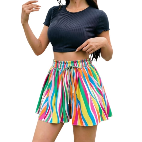 VNKIDY Womens Elastic Drawstring Waist Retro Fashion Print Pleated Flowy Shorts Loose High Waist Lightweight Casual Beach Vacation Shorts For Ladies Cozy Shorts M