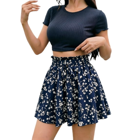 VNKIDY Womens Elastic Drawstring Waist Retro Fashion Print Pleated Flowy Shorts Loose High Waist Lightweight Casual Beach Vacation Shorts For Ladies Trendy Shorts M