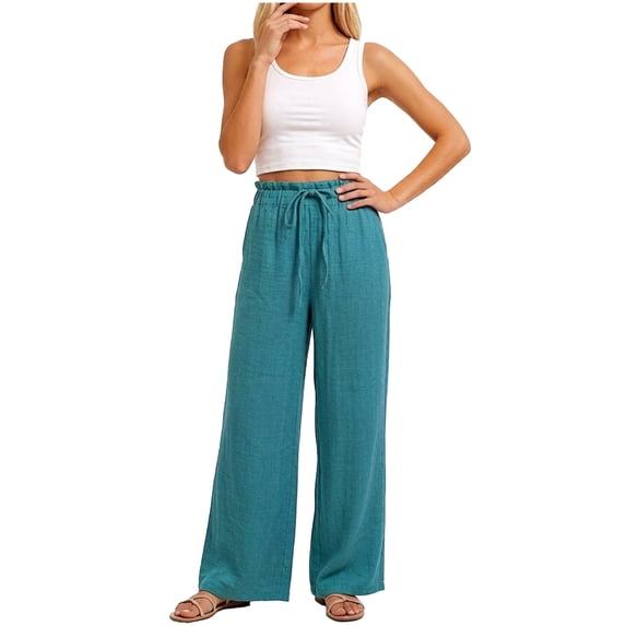VNKIDY Womens Elastic Waist Drawstring Wide Leg Lightweight Crinkled Pants With Side Pockets Casual Loose Fit Trousers For Summer Beach Days Classic Pants