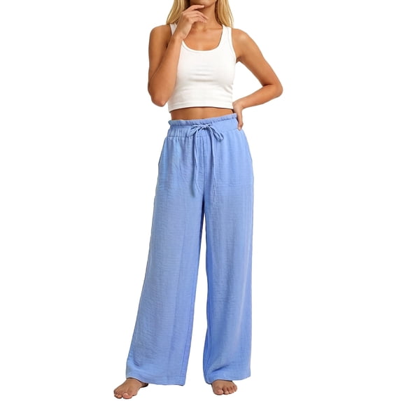 VNKIDY Womens Elastic Waist Drawstring Wide Leg Lightweight Crinkled Pants With Side Pockets Casual Loose Fit Trousers For Summer Beach Days Cozy Pants
