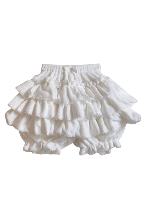 Womens Elastic Waist Solid Color Multi Layered Lace Ruffle Bloomers With Bow Detail Loose Fit Comfy High Waisted Pettipants For Party Daily Wear One Size