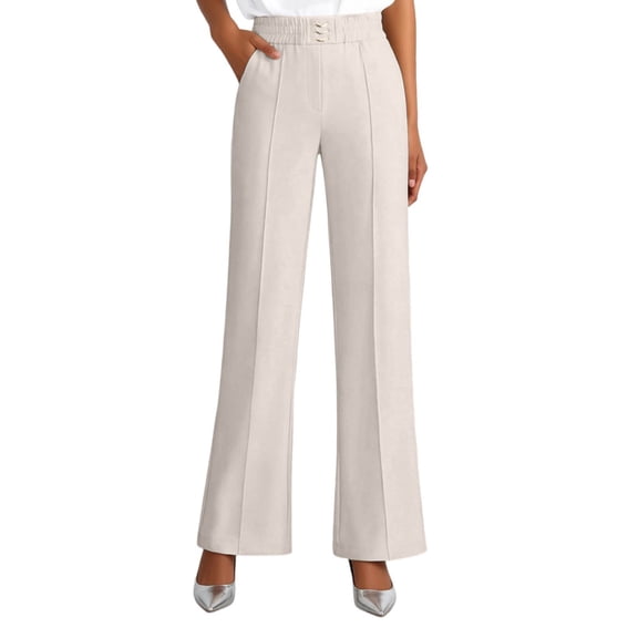 VNKIDY Womens Elastic Waist Wide Leg Dress Pants With Decorative Waist Buttons Casual Straight Leg Trousers For Office Commutes Semi Formal Events Daily Errands Trendy Pants