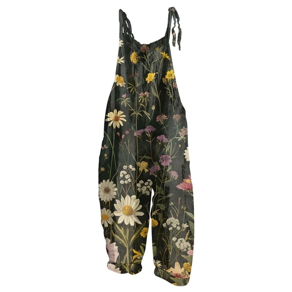 VNKIDY Womens Floral Print Overalls Tie Shoulder Straps Loose Fit Jumpsuit With Vintage Flower Patterns Casual Boho Style Trousers For Summer Daily Wear Green XXXXXL