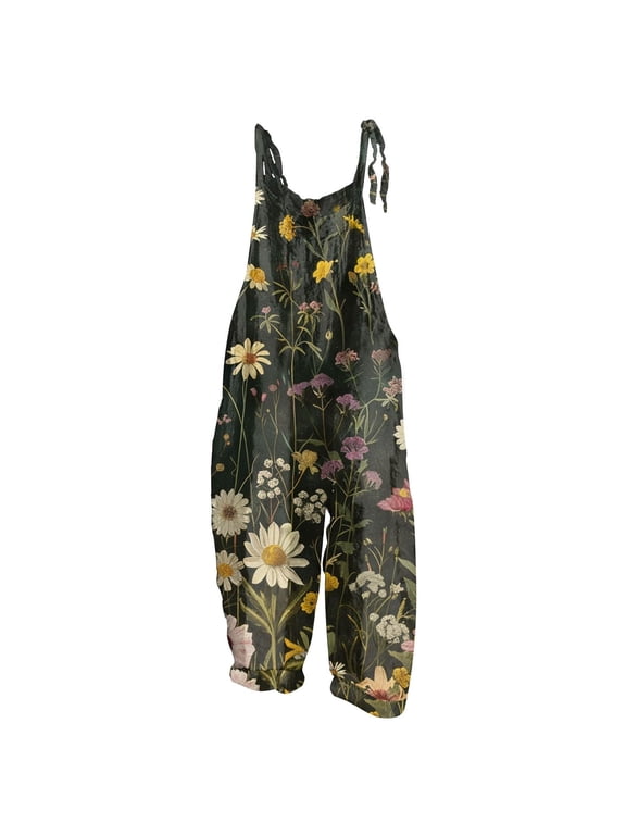 Womens Floral Print Overalls Tie Shoulder Straps Loose Fit Jumpsuit With Vintage Flower Patterns Casual Boho Style Trousers For Summer Daily Wear Green XL