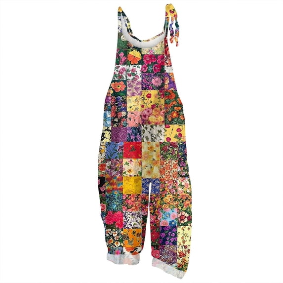 VNKIDY Womens Floral Print Overalls Tie Shoulder Straps Loose Fit Jumpsuit With Vintage Flower Patterns Casual Boho Style Trousers For Summer Daily Wear Yellow XL