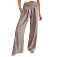 thumbnail image 1 of VNKIDY Womens Gingham Print High Waist Smocked Elastic Waist Wide Leg Pants Side Pocket Loose Fit Casual Trousers For Summer Daily Wear Brown XXL, 1 of 5