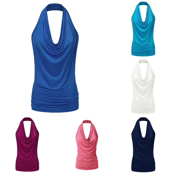 VNKIDY Womens Halter Cowl Neck Sleeveless Solid Color Side Ruched Slim Fit Casual Tank Top For Ladies Daily Shopping Casual Daily Wear M