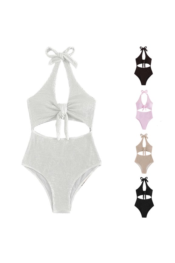 Womens Halter Neck Crinkle Front Tie Waist Hollow Solid Color One Piece Swimsuit Summer Beach Regular Fit Quick Dry Swim Bath Suits For Ladies White S