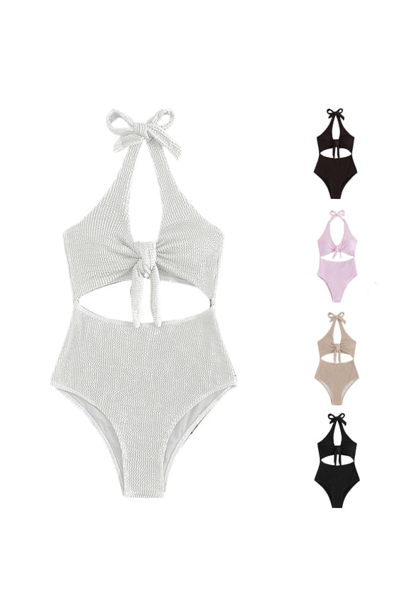 Womens Halter Neck Crinkle Front Tie Waist Hollow Solid Color One Piece Swimsuit Summer Beach Regular Fit Quick Dry Swim Bath Suits For Ladies White M