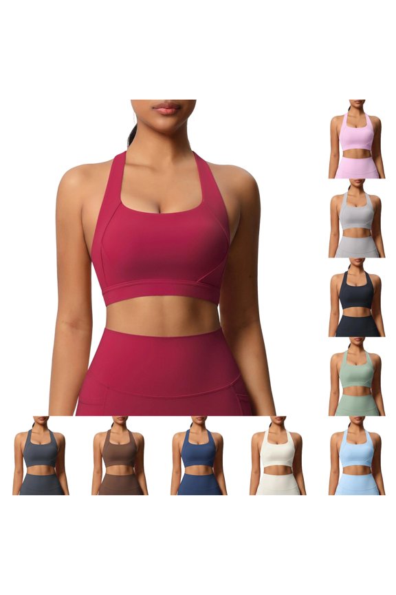 Womens Halter Square Neck Solid Medium Impact Sports Bra Wide Under Band High Elastic Gym Fitness Support Workout Inner Bras For Ladies Cozy Bra