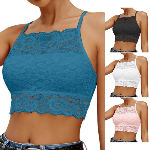VNKIDY Womens High Neck Thin Spaghetti Strap Allover Floral Scalloped Lace Built In Pads Slim Fit Casual Bralette Camisole For Ladies Daily Shopping Underlayer Daily Wear XL