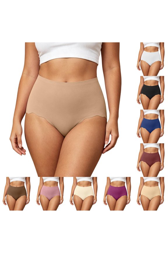 Womens High Rise Solid Scalloped Leg Opening Seamless Briefs Invisible Smooth Stretchy Breathable Daily Comfort Underwear Bottoms For Ladies L