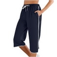 thumbnail image 1 of VNKIDY Womens High Waist Drawstring Elastic Waist Capri Pants Contrast Side Stripe Trim Side Pocket Loose Fit Casual Athletic Trousers For Sports Daily Wear Navy M, 1 of 5