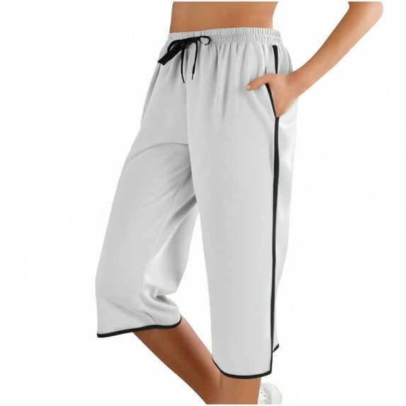 VNKIDY Womens High Waist Drawstring Elastic Waist Capri Pants Contrast Side Stripe Trim Side Pocket Loose Fit Casual Athletic Trousers For Sports Daily Wear White M