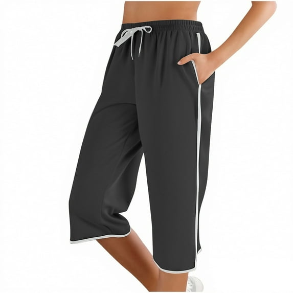 VNKIDY Womens High Waist Drawstring Elastic Waist Capri Pants Contrast Side Stripe Trim Side Pocket Loose Fit Casual Athletic Trousers For Sports Daily Wear Grey L