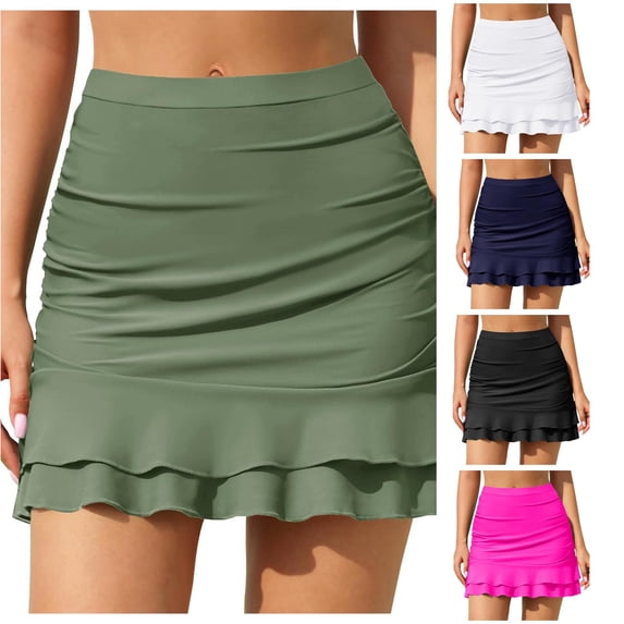 VNKIDY Womens High Waist Front Drape Ruffle Layer Solid Color Swim Skort Summer Beach Regular Fit Quick Dry Swim Bath Bottoms For Ladies Army Green S