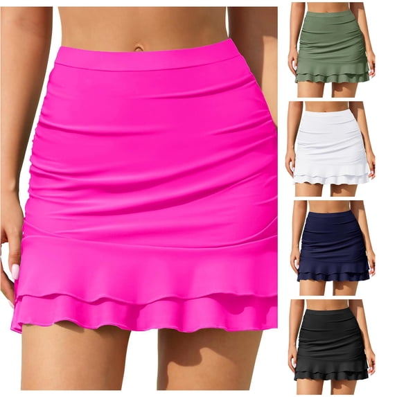 VNKIDY Womens High Waist Front Drape Ruffle Layer Solid Color Swim Skort Summer Beach Regular Fit Quick Dry Swim Bath Bottoms For Ladies Hot Pink L