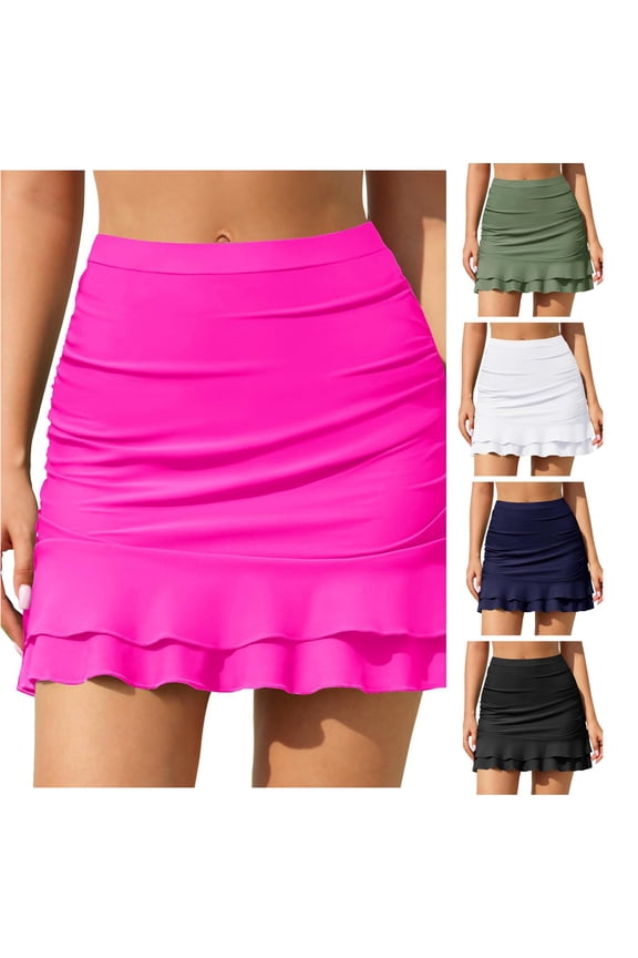 Womens High Waist Front Drape Ruffle Layer Solid Color Swim Skort Summer Beach Regular Fit Quick Dry Swim Bath Bottoms For Ladies Hot Pink S