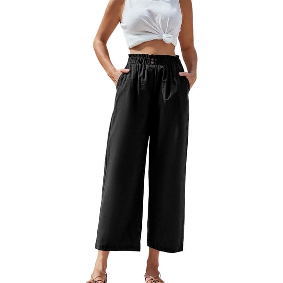 VNKIDY Womens High Waist Paperbag Waist Button Front Wide Leg Pants Casual Loose Fit Cropped Trousers With Pockets For Daily Vacation Summer Wear Black XXL