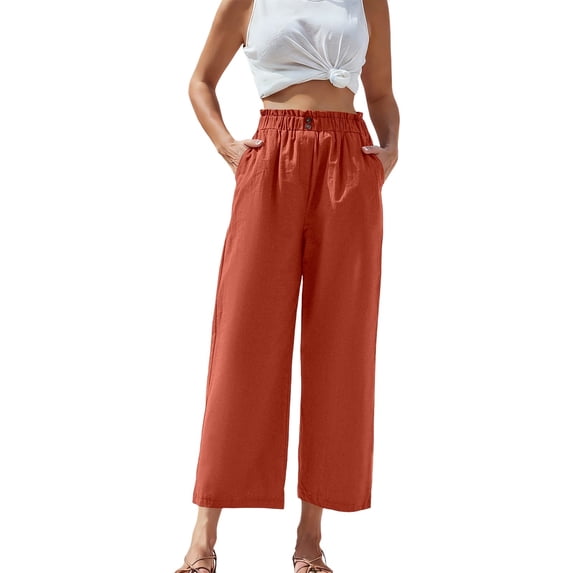 VNKIDY Womens High Waist Paperbag Waist Button Front Wide Leg Pants Casual Loose Fit Cropped Trousers With Pockets For Daily Vacation Summer Wear Red S