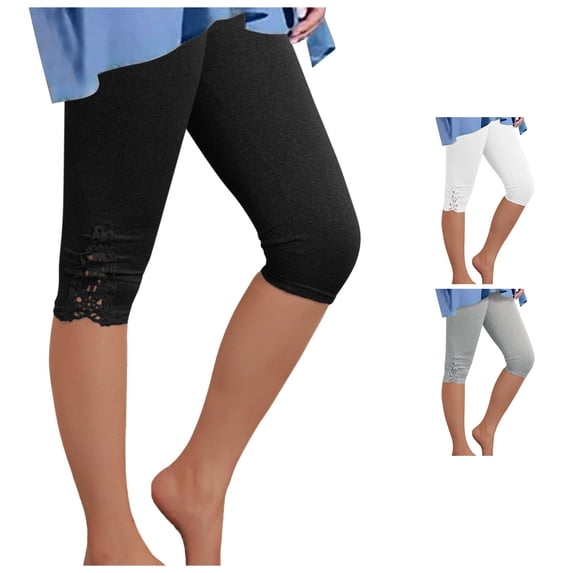 VNKIDY Womens High Waist Solid Color Stretch Capri Leggings Summer Lace Hollow Hem Slim Fit Daily Layering Casual Undergarment Bottoms For Ladies Versatile Pants Black L