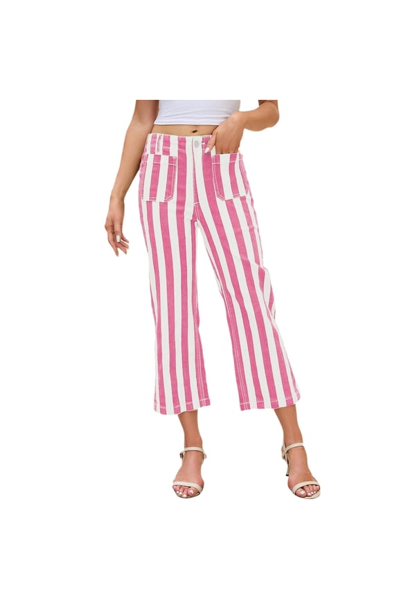 Womens High Waist Striped Cropped Wide Leg Pants With Front Patch Pockets Button Fly Casual Relaxed Fit For Summer Outings Casual Pants