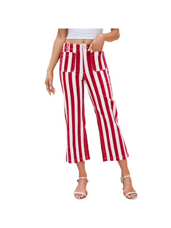 Womens High Waist Striped Cropped Wide Leg Pants With Front Patch Pockets Button Fly Casual Relaxed Fit For Summer Outings Stylish Pants