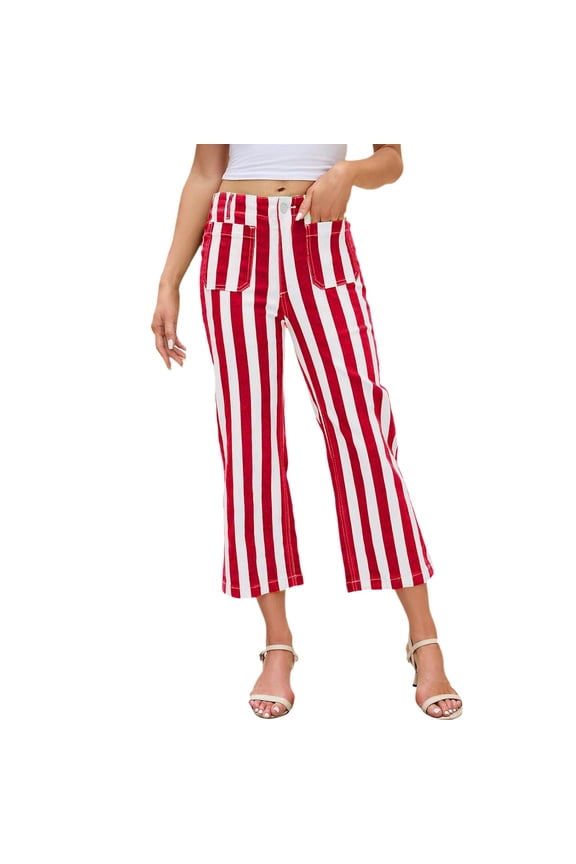 Womens High Waist Striped Cropped Wide Leg Pants With Front Patch Pockets Button Fly Casual Relaxed Fit For Summer Outings Versatile Pants