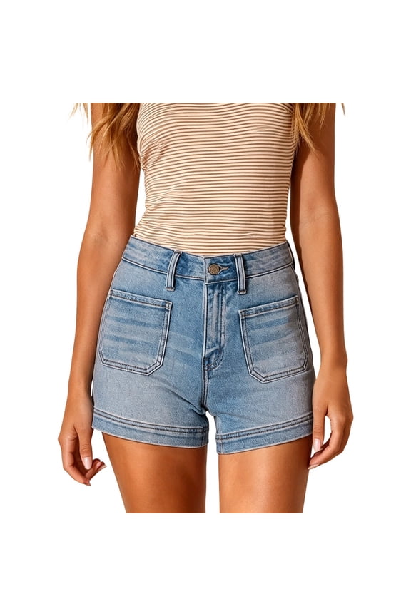 Womens High Waisted Denim Shorts With Front Patch Pockets Rolled Hem Casual Slim Fit Shorts For Summer Street Style Everyday Errands Light Blue L