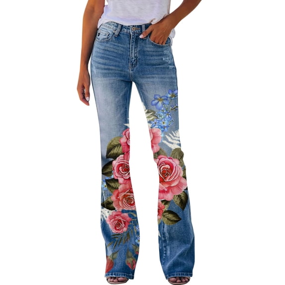 VNKIDY Womens High Waisted Flare Jeans Floral Print Button Closure Stretchy Denim Casual Boho Pants For Daily Summer Wear Pink XXL