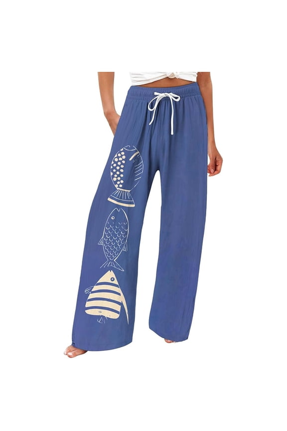 Womens High Waisted Wide Leg Pants Elastic Drawstring Waist Fish Print Design Lightweight Breathable Casual Beach Trousers For Summer Vacation Wear Blue S