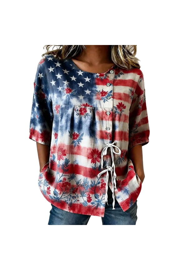 Womens Independence Day Round Neck Short Sleeve Patriotic Pattern Blouse With Button Front Drawstring Waist Casual Loose Fit Shirt For Summer Outings Holiday Wear Holiday Top