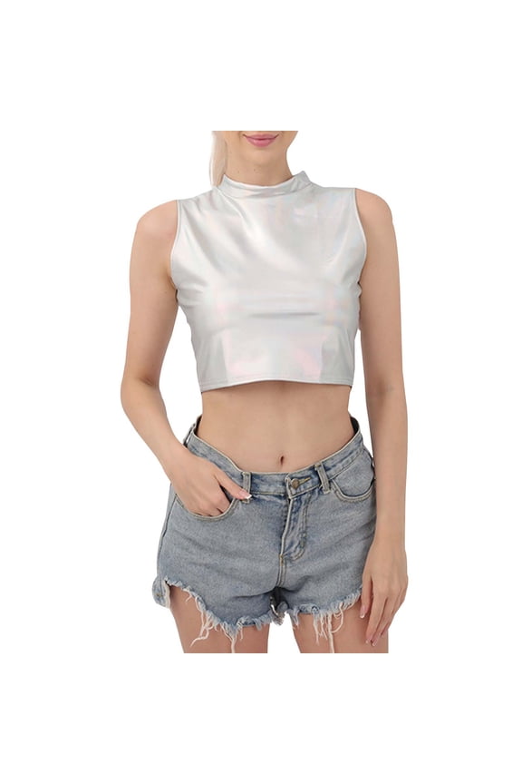 Womens Iridescent High Neck Sleeveless Crop Top Metallic Casual Party Tank Top For Summer Party Daily Wear Camouflage S