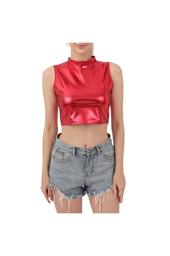 Womens Iridescent High Neck Sleeveless Crop Top Metallic Casual Party Tank Top For Summer Party Daily Wear Red XL